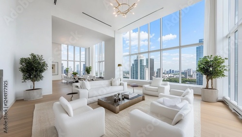 Fototapeta Naklejka Na Ścianę i Meble -  Luxurious penthouse living room, city view, modern design, relaxation