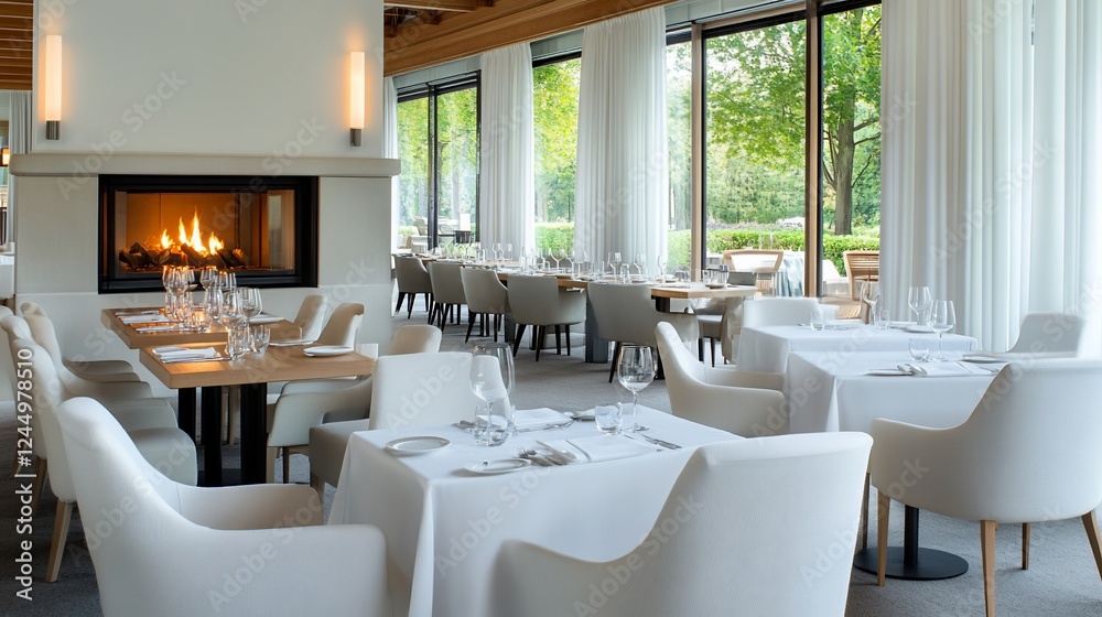 Naklejka premium Modern restaurant interior, fireplace, tables set, outdoor view