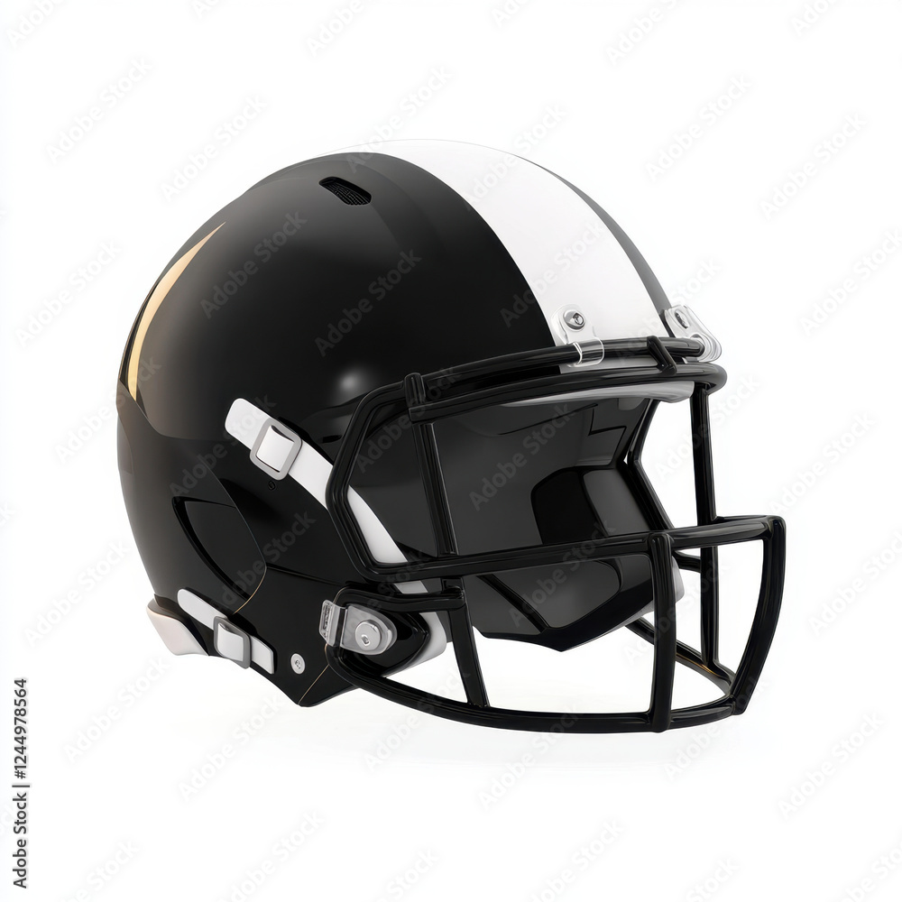 Fototapeta premium Black and white American football helmet with sleek design, showcasing modern look and protective features. Ideal for sports enthusiasts and team branding