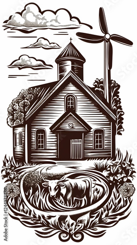 Vintage farm scene with chu...