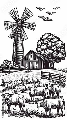 Vintage Farm Scene Engravin...