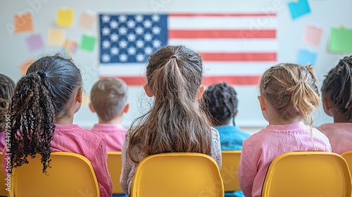 Young students learn about patriotism while sitting in front of an American flag in a classroom setting