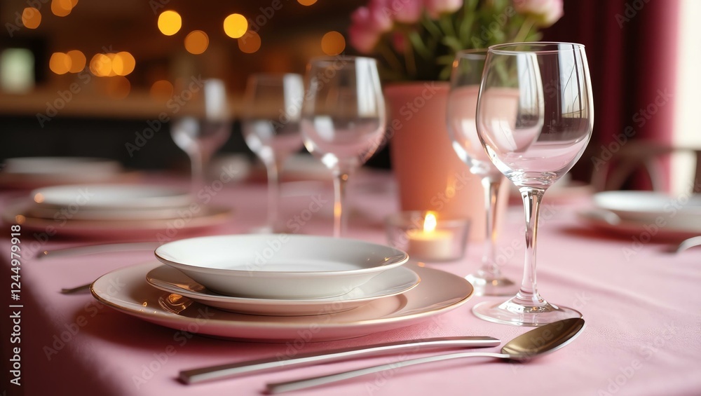 closeup of pink themed fancy table setup on restaurant background closeup of pink themed fancy table setup on restaurant background