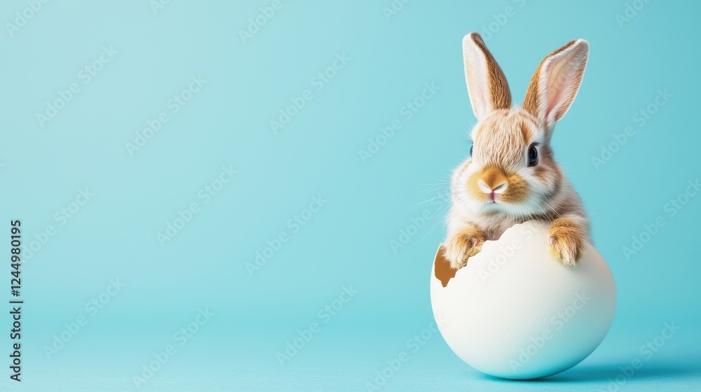 Obraz premium Fluffy bunny hatching from easter egg blue background photo