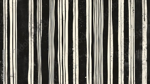 Seamless vertical pinstripe pattern made of fine wonky white stripes on a black background, presenting a simple yet classic motif with a linocut print texture in a trendy doodle line art .