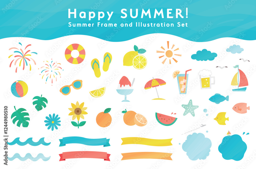 Naklejka premium 夏や海のテクスチャ感のあるイラストとフレームセット あしらい 飾り 装飾 リボン 夏休み 水彩風 波