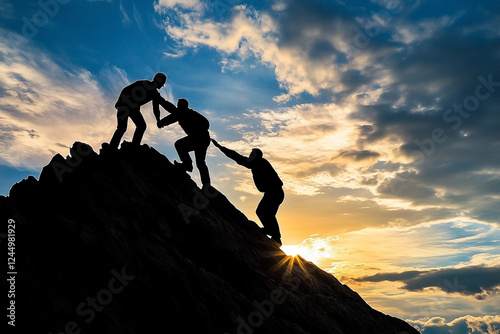 Teamwork silhouette with two men helping their friend climb a rocky peak at sunset, displaying support and achievement