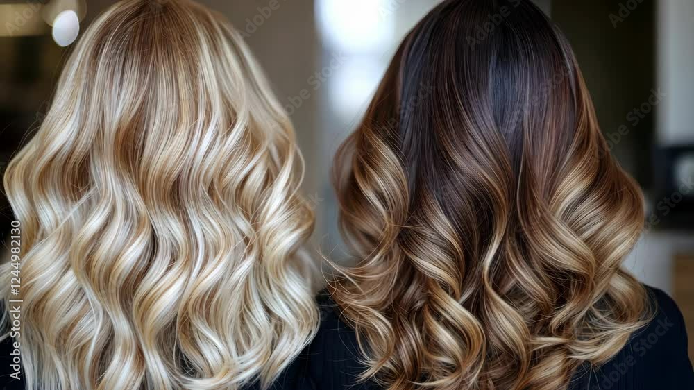 Flowing blonde brunette hair transformation with soft waves
