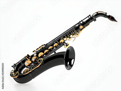 Black and Gold Saxophone Shines Elegantly on a White Background with Gold Accents Gleaming Brightly photo