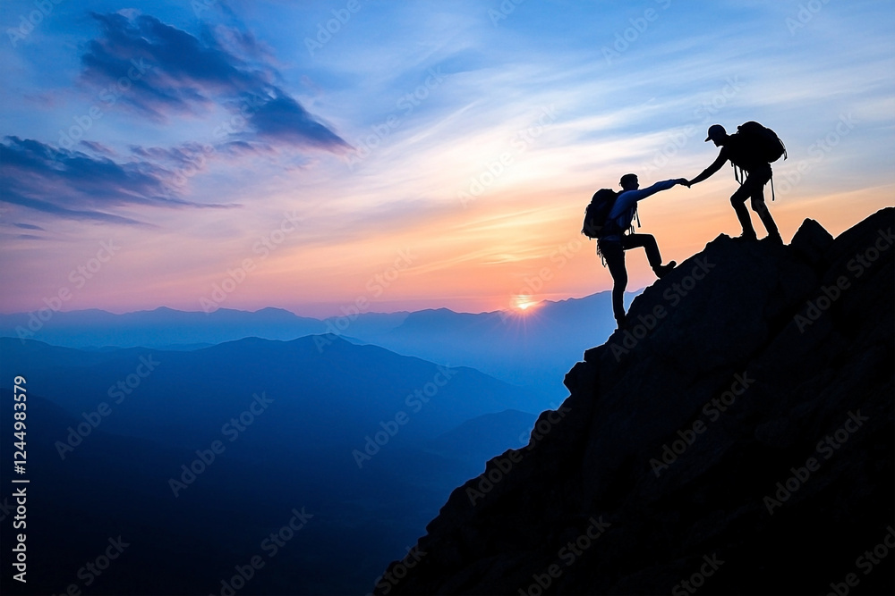 Silhouette of two hikers assisting each other to reach a mountain peak at sunset
