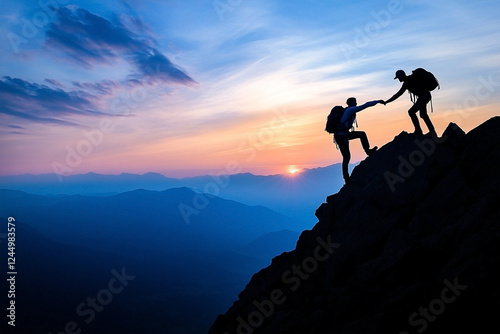 Obraz na płótnie Silhouette of two hikers assisting each other to reach a mountain peak at sunset w salonie
