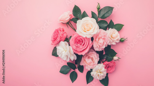 beautiful bouquet of pink and white roses arranged on soft pink background, showcasing delicate petals and lush green leaves, perfect for any occasion