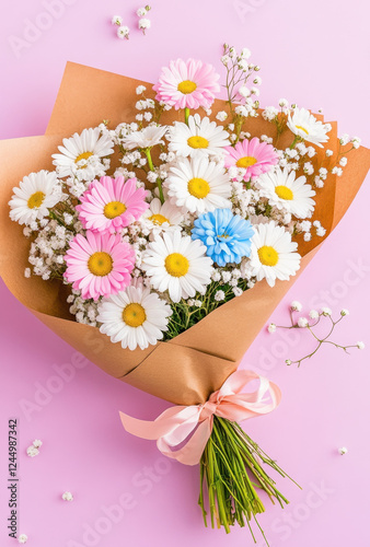 beautiful bouquet of pink, white, and blue daisies wrapped brown paper, perfect for brightening any occasion. delicate flowers are complemented by small white fillers, creating cheerful