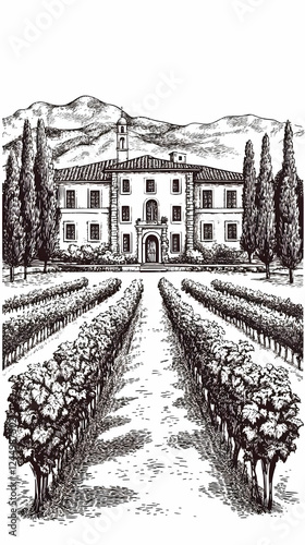 Vineyard landscape sketch w...