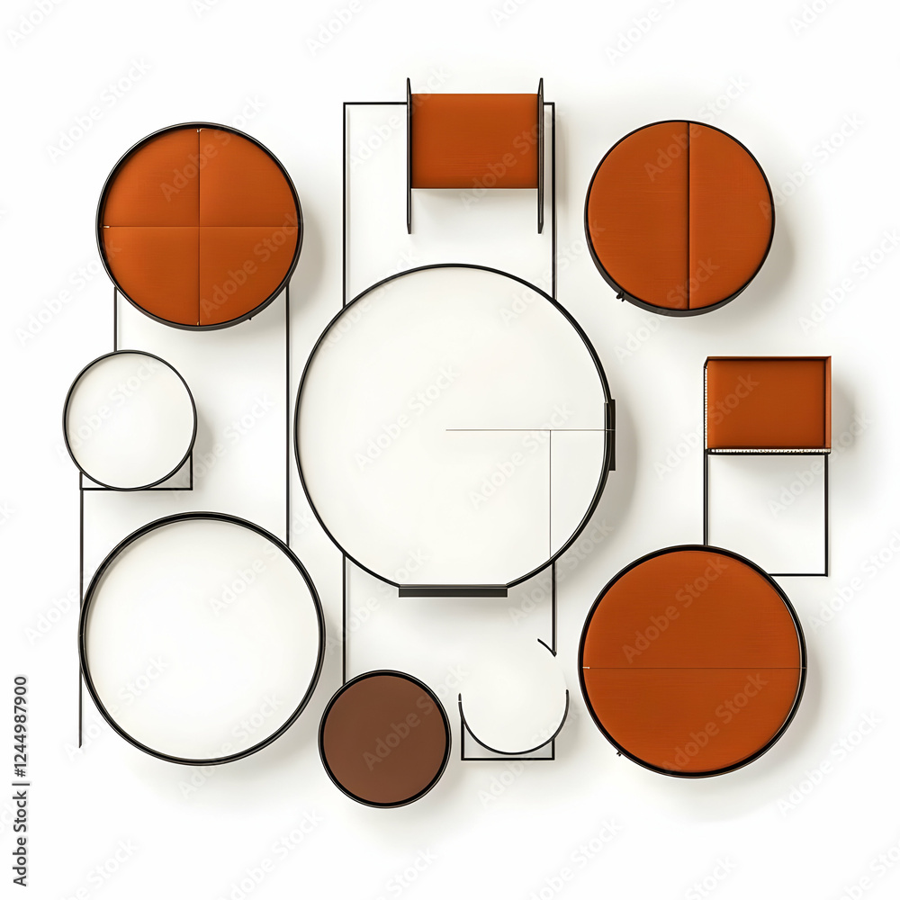 Obraz premium Modern Furniture Collection Showcases Circular and Rectangular Designs with Orange and Brown Upholstery on a White Background.