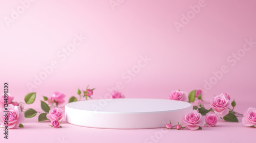 clean and elegant white podium surrounded by pink roses and green leaves creates beautiful display. This setup is perfect for showcasing products or decorations in charming way