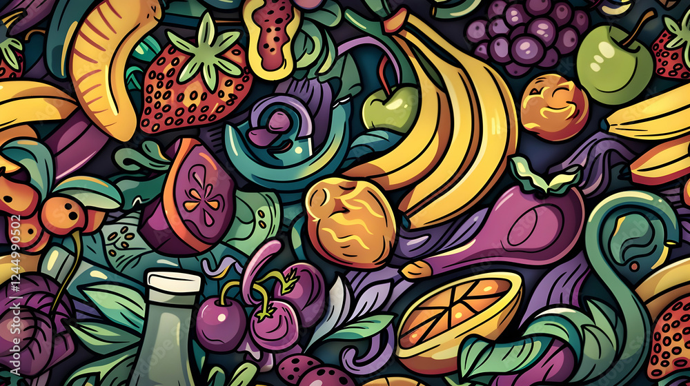 Obraz premium Colorful and vibrant illustration of various fruits and vegetables intertwined with leafy greens
