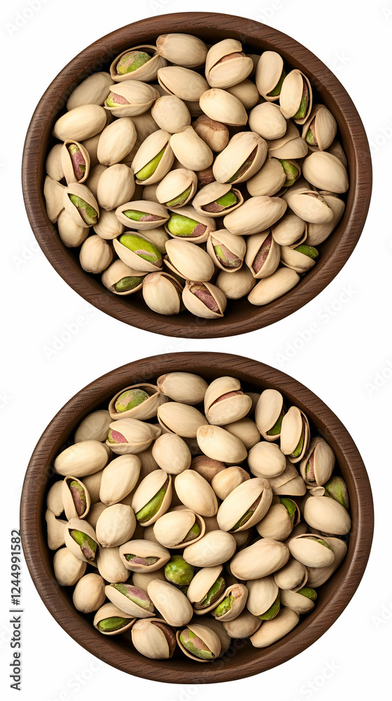 Two Wooden Bowls Filled with Roasted Pistachios, Isolated on a White Background. Two Wooden Bowls Filled with Roasted Pistachios, Isolated on a White Background.