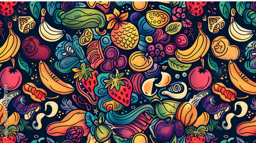 Wallpaper Mural Vibrant and colorful assortment of fruits and vegetables in a whimsical pattern design Torontodigital.ca
