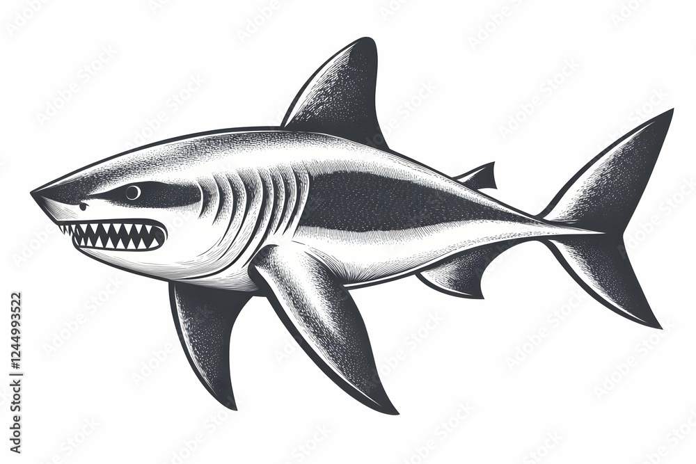 Fototapeta premium Detailed Illustration of a Menacing Shark Swimming Gracefully in the Deep Ocean