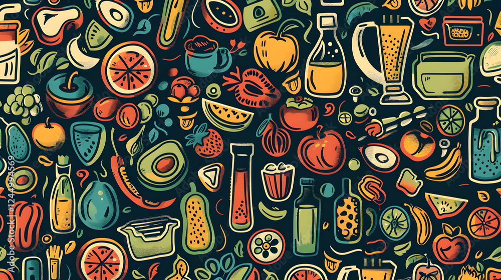 Naklejka premium Colorful array of various fruits, vegetables, and beverages artfully arranged in a vibrant pattern
