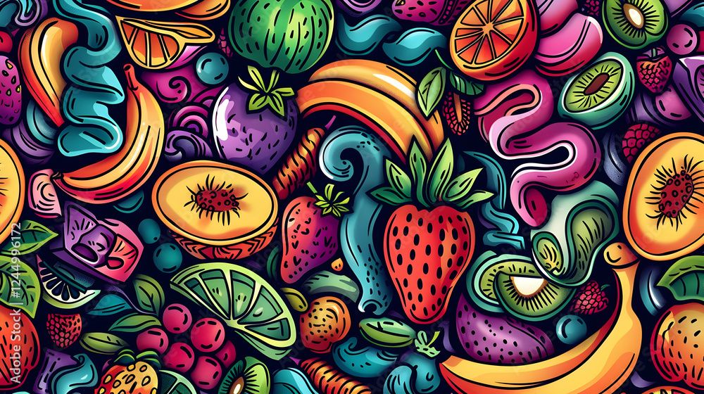 Vibrant and colorful illustration of various fruits arranged in an artistic pattern, showcasing tropical and seasonal produce with a lively background Vibrant and colorful illustration of various fruits arranged in an artistic pattern, showcasing tropical and seasonal produce with a lively background