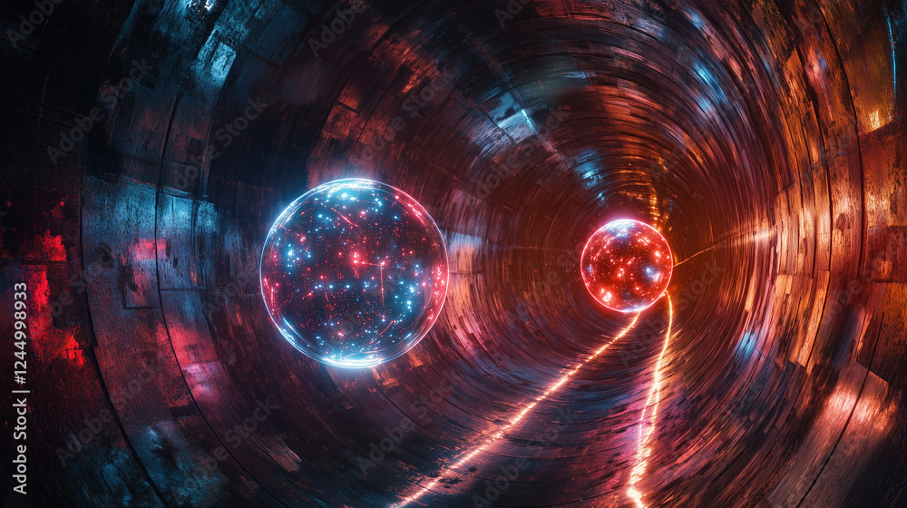 Fototapeta premium Futuristic digital space with glowing spherical objects creating vibrant light effects in a high-tech tunnel environment