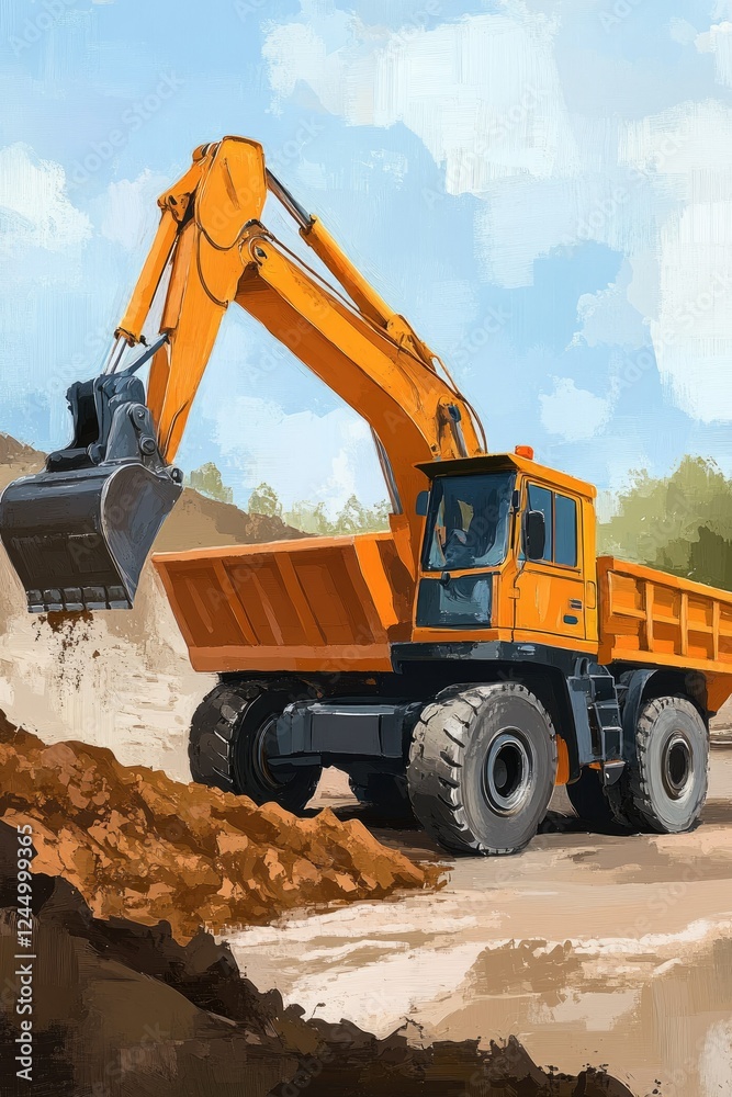 Obraz premium Orange Excavator Loading Soil Into Dump Truck
