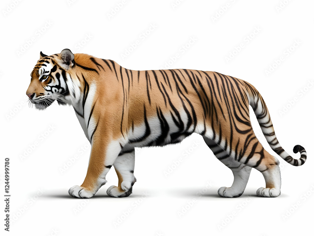 Obraz premium Realistic 3D Tiger Walks Proudly on White Background, Wildlife Illustration