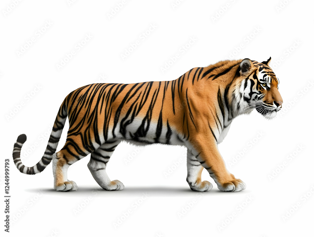 Obraz premium Realistic Tiger Walks with Stripes and Fur on a White Background, Wildlife Illustration.