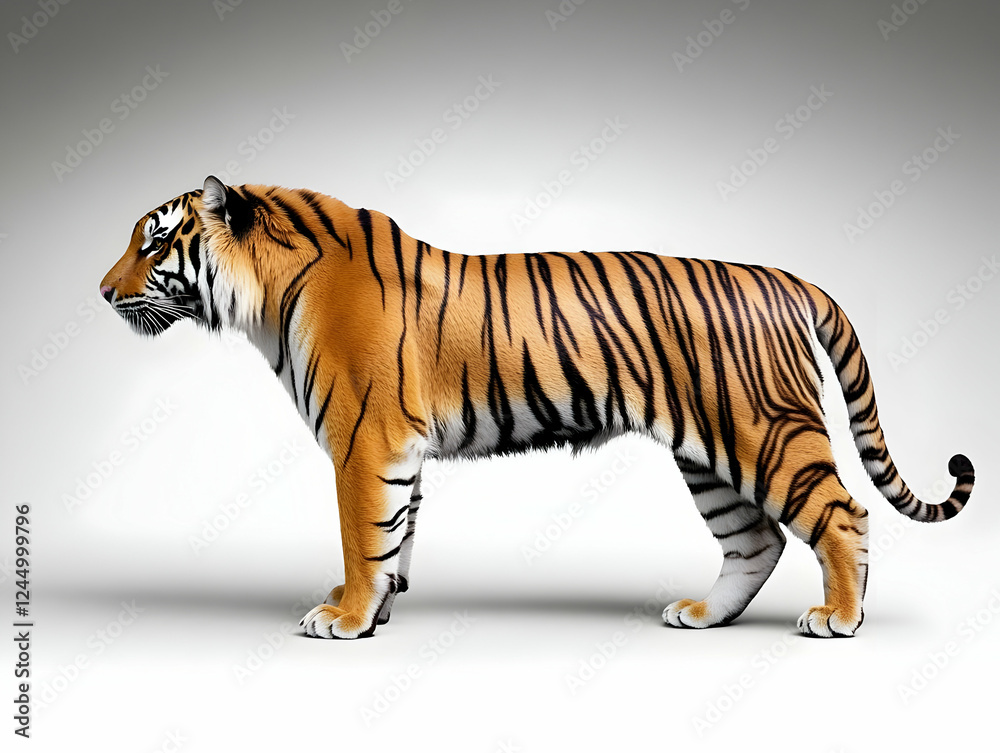 Fototapeta premium Realistic Tiger Stands Alertly on a White Background in a Studio Setting