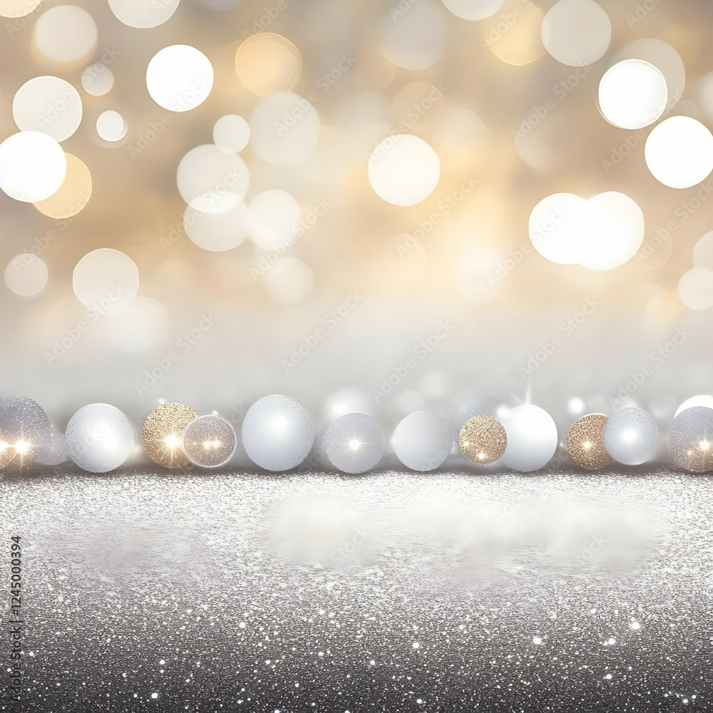 Fototapeta premium Silver and Gold Festive Christmas Background with Blurry Lights on Glitter Surface