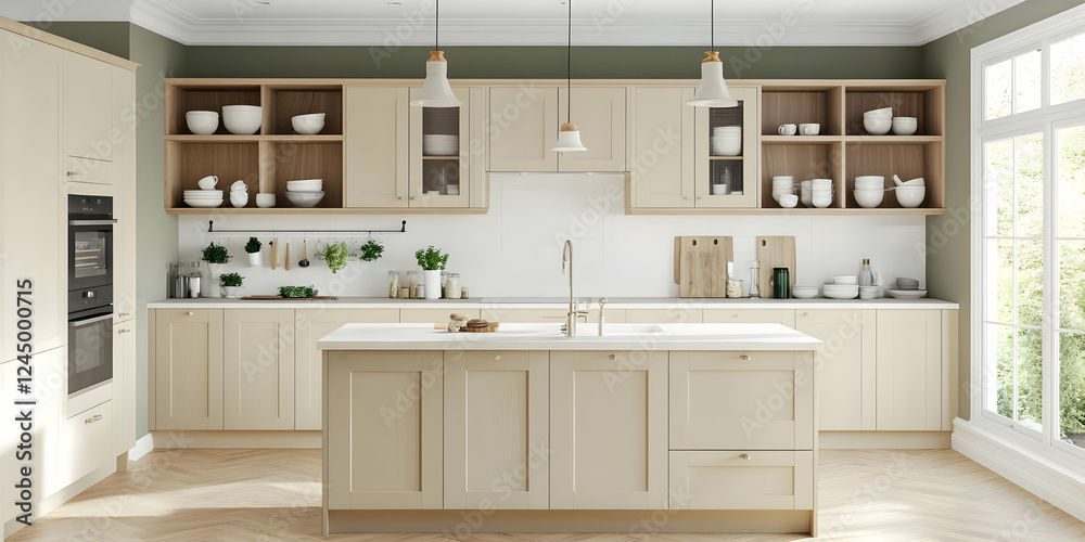 Fototapeta premium Modern Beige Kitchen Design Showcases a Clean and Organized Space with Ample Storage and Natural Light.