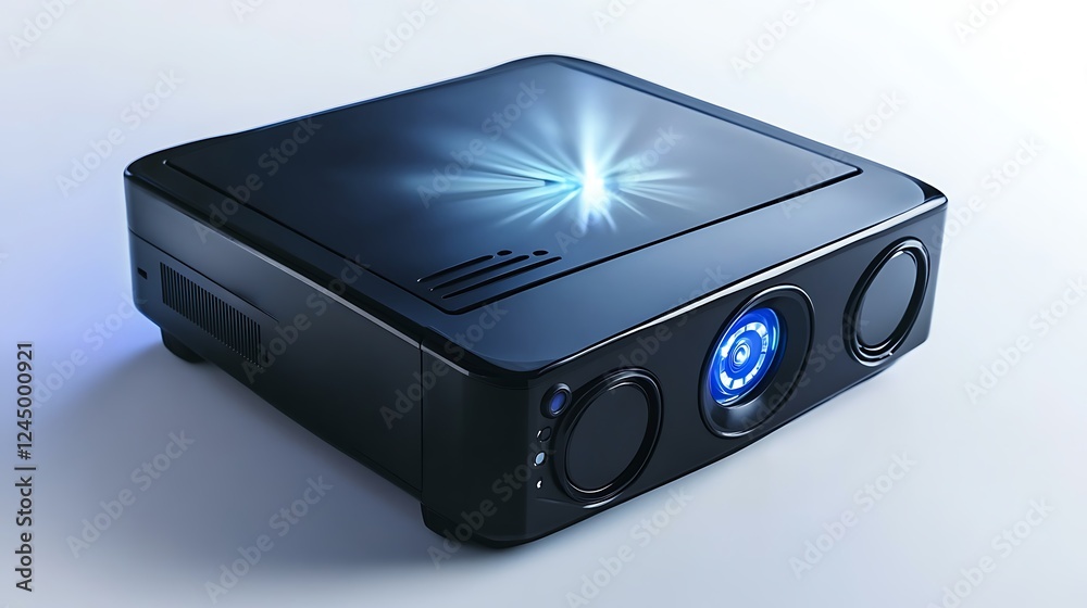 Fototapeta premium Sleek Black Projector with Blue Light Emitting