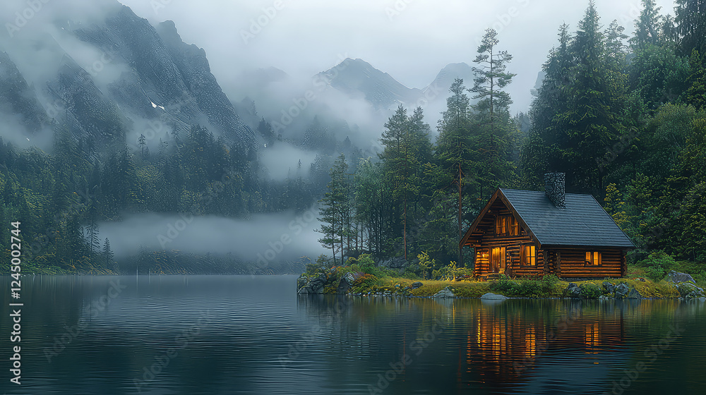 Fototapeta premium Misty mountain lake with cozy wooden cabin at dusk.