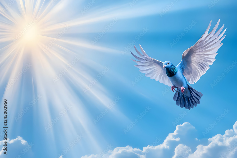 Obraz premium Dove soars gracefully through sunlit sky, embodying peace and freedom amid clouds.