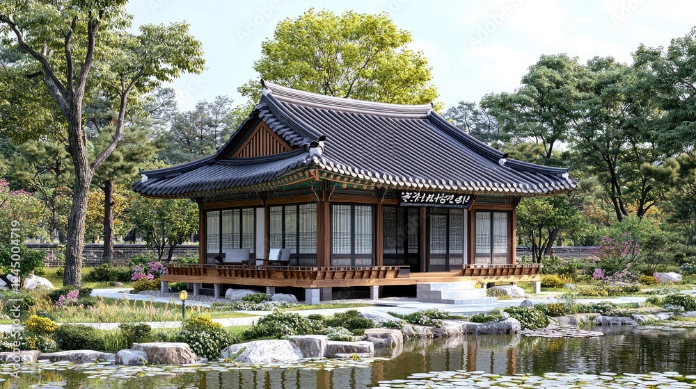 Serene Korean Pavilion: Picturesque Garden Architecture, Traditional Asian House Design, Peaceful Nature Scenery Serene Korean Pavilion: Picturesque Garden Architecture, Traditional Asian House Design, Peaceful Nature Scenery