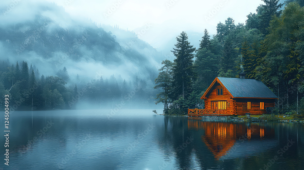 Fototapeta premium Misty morning view of a wooden cabin nestled on a serene lake surrounded by lush forest and mountains.