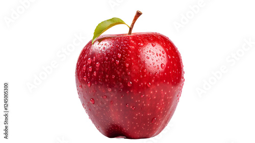 Glossy Red Apple with Smooth Skin and Fresh Green Leaf, Perfect for Back-to-School Themes, Healthy Eating Promotions, and Natural Product Designs on Transparent Background