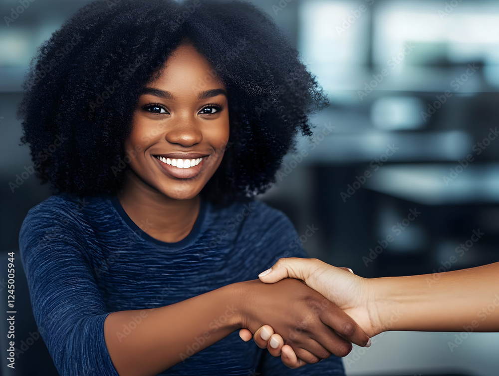 Fototapeta premium Young Woman Shaking Hands in Business Setting Demonstrates Collaboration and Partnership.