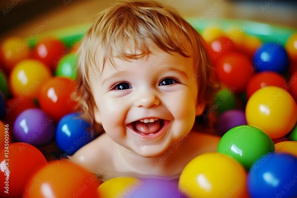 Smiling Baby Plays in Colorful Ball Pit, Enjoying Playtime with Bright Balls Smiling Baby Plays in Colorful Ball Pit, Enjoying Playtime with Bright Balls