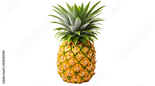 Whole Pineapple with Golden Textured Skin and Fresh Green Spiky Leaves, Perfect for Tropical-Themed Designs, Summer Promotions, and Exotic Fruit Illustrations on Transparent Background