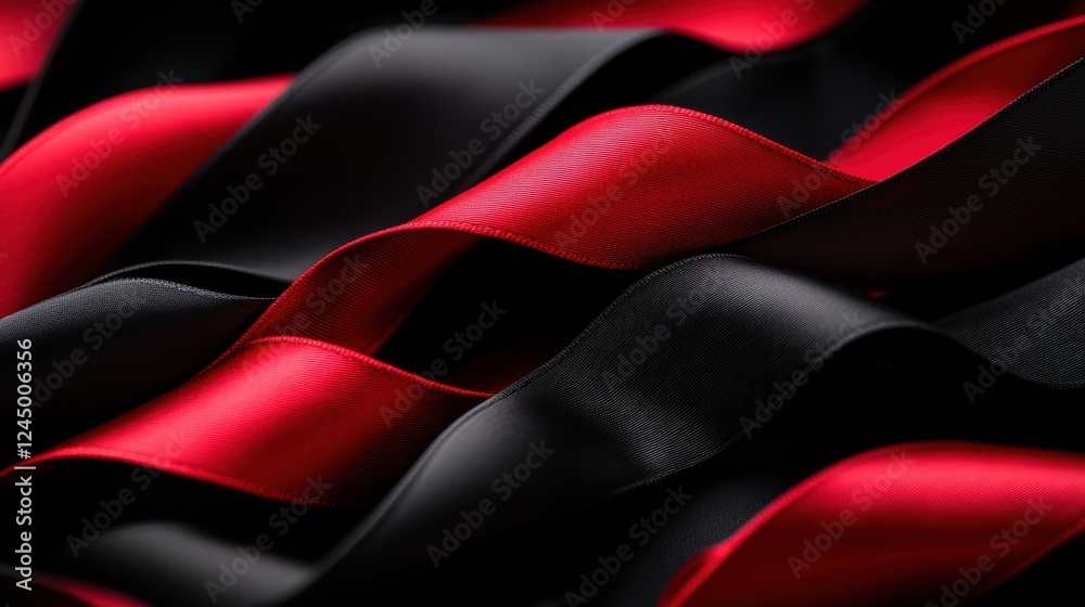 Naklejka premium A close-up of undulating black and red ribbons, showcasing their smooth texture and vibrant colors, creating an elegant and dynamic visual effect.
