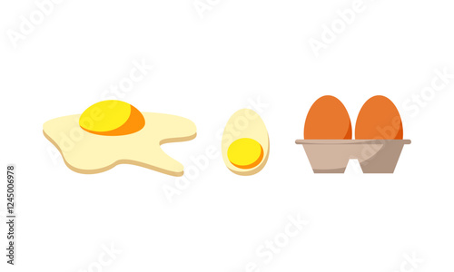 Egg sets in various forms raw, boiled and fried. Organic agricultural products. Ingredients for breakfast photo