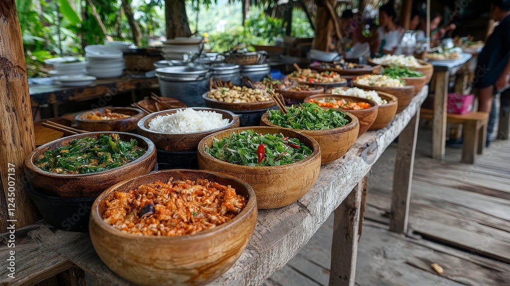 Fototapeta premium Traditional Asian Cuisine Displayed on Rustic Wooden Table with Assorted Dishes and Fresh Ingredients