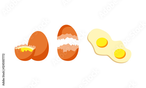 Egg sets in various forms raw, boiled and fried. Organic agricultural products. Ingredients for breakfast