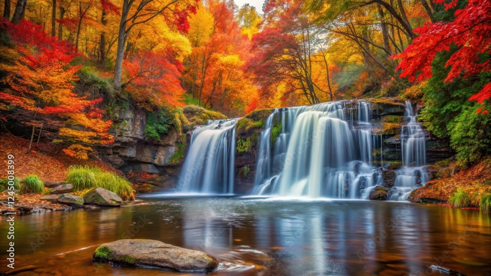 Obraz premium waterfall surrounded by vibrant autumn foliage in a serene natural setting, tranquil scene, autumn leaves
