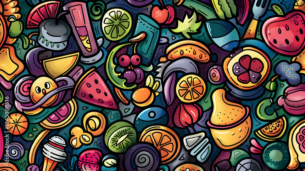 Colorful illustration of various fruits and desserts arranged in a vibrant pattern