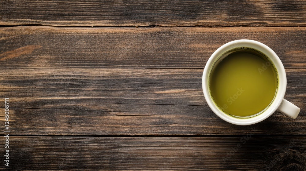 Fresh matcha tea in a simple cup on dark wood, with a background ready for advertising text. Fresh matcha tea in a simple cup on dark wood, with a background ready for advertising text.