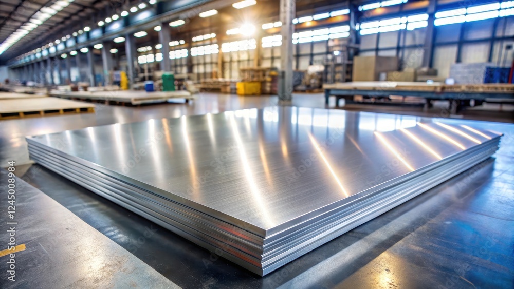 Fototapeta premium Silver metal sheet with high tensile strength and corrosion resistance in a workshop setting, alloy properties, metallic materials